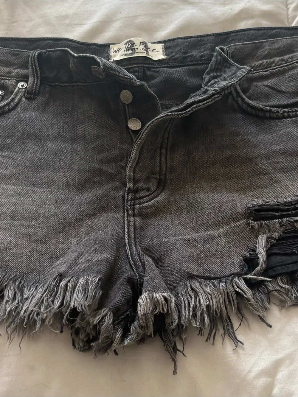 Free People Washed Black Frayed Hem Distressed Denim Shorts